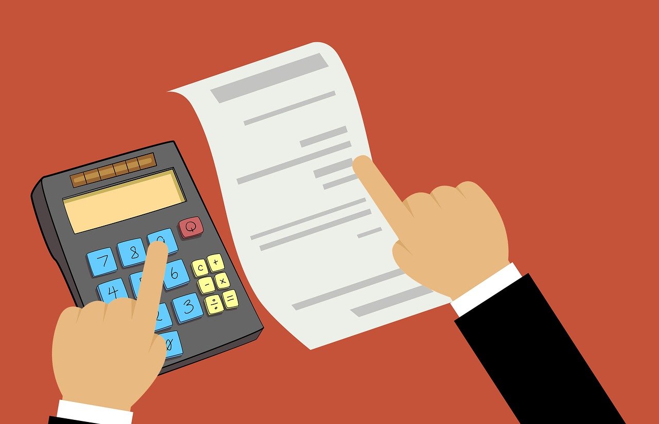 Illustration of male hands using a calculator to figure out expenses